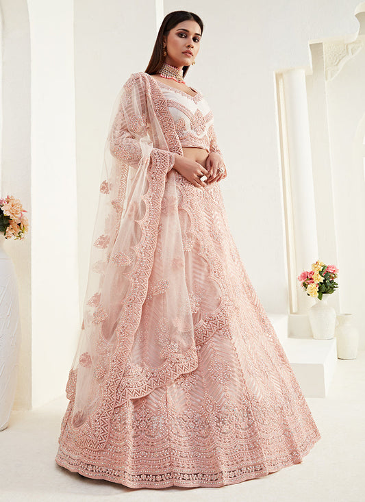 Peach Tonal Thread Leaf Embroidery Lehenga