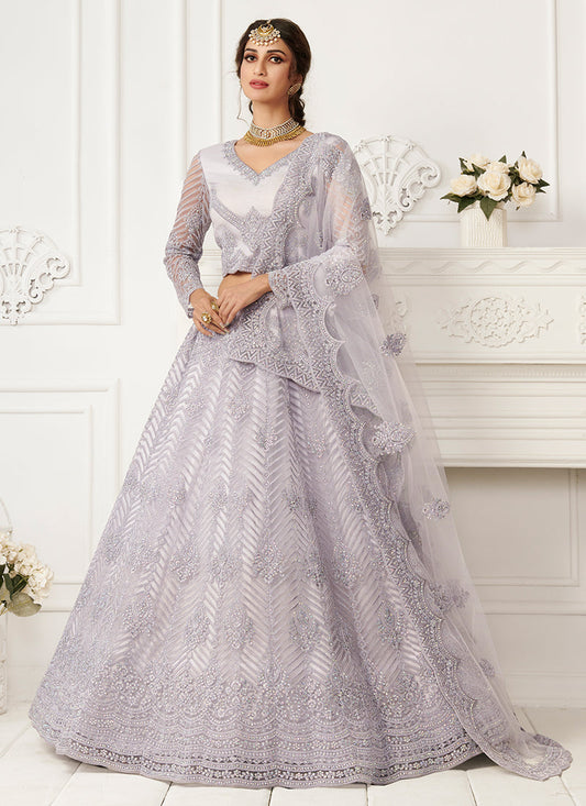 Lavender Tonal Thread Leaf Embroidery Lehenga