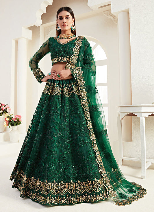 Dark Green Tonal Thread Leaf Embroidery Lehenga