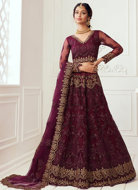 Wine Tonal Thread Leaf Embroidery Lehenga