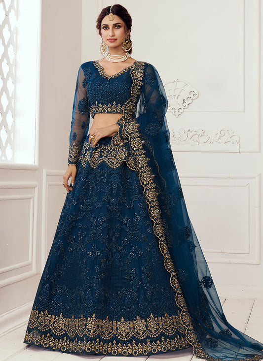 Blue Tonal Thread Leaf Embroidery Lehenga