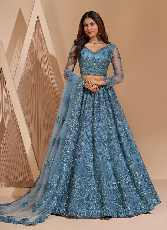 Blue Tonal Thread Jaal Embroidery Lehenga