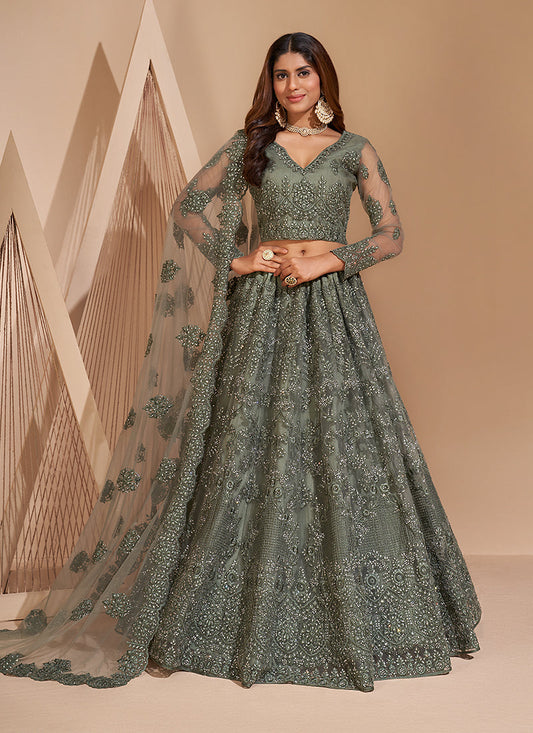 Grey Tonal Thread Jaal Embroidery Lehenga