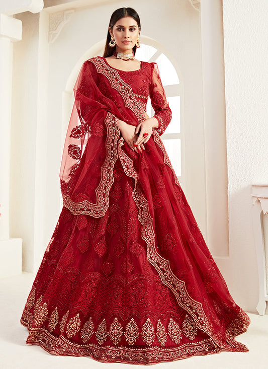 Maroon Tonal Thread Leaf Embroidery Lehenga