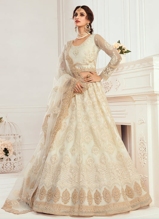 Ivory Tonal Thread Leaf Embroidery Lehenga