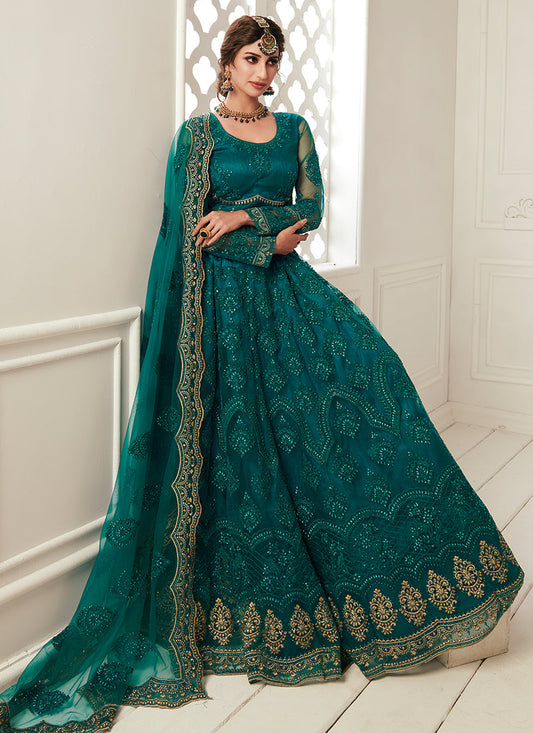 Teal Tonal Thread Leaf Embroidery Lehenga