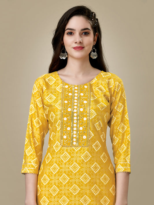 Yellow Heavy Rayon Kurta Set  With Embroidery Work