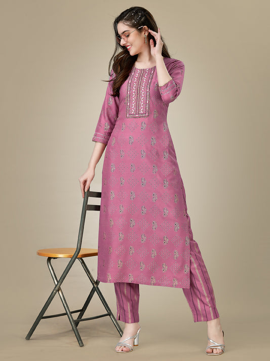 Wine Heavy Rayon Kurta Set  With Embroidery Work