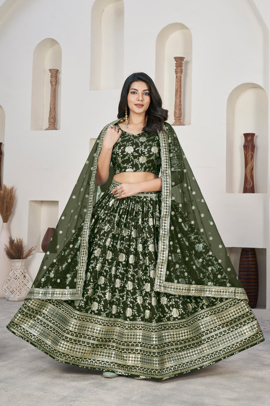 Olive Broad Border Lehenga