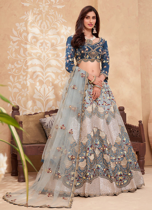 Teal Scallop Embroidery Lehenga Set