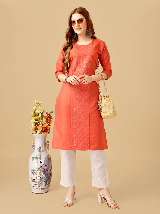 Coral Cotton Magic Slub Kurta Set  With Embroidery & Sequence Work