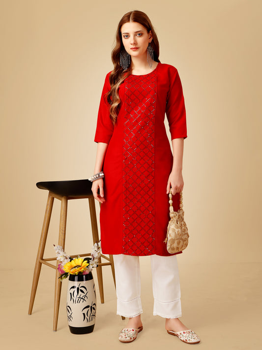 Red Cotton Magic Slub Kurta Set  With Embroidery & Sequence Work