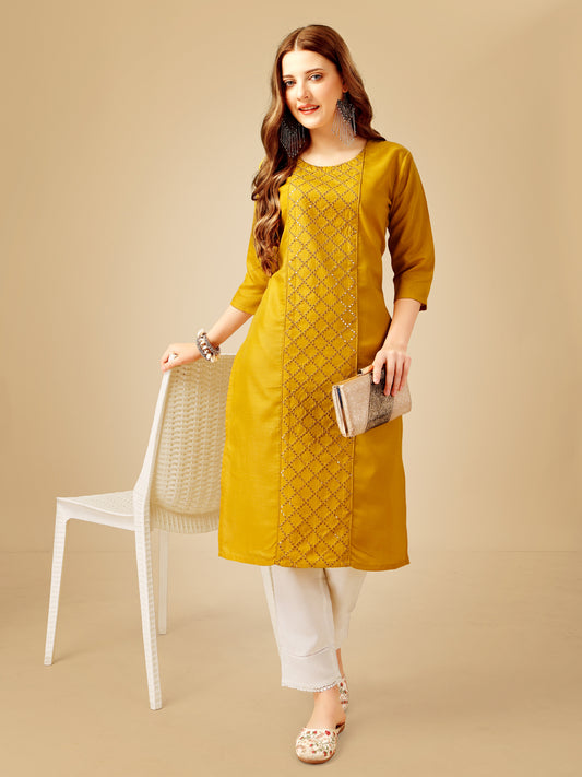 Yellow Cotton Magic Slub Kurta Set  With Embroidery & Sequence Work