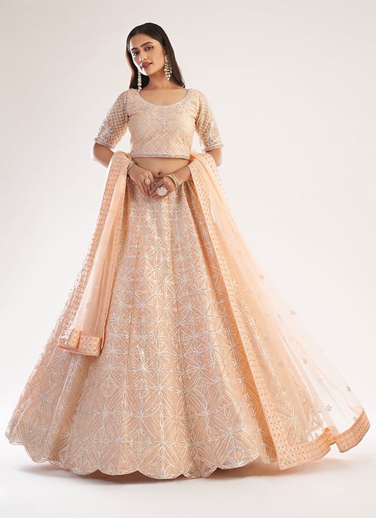 Peach White Thread Embroidery Lehenga With Belt