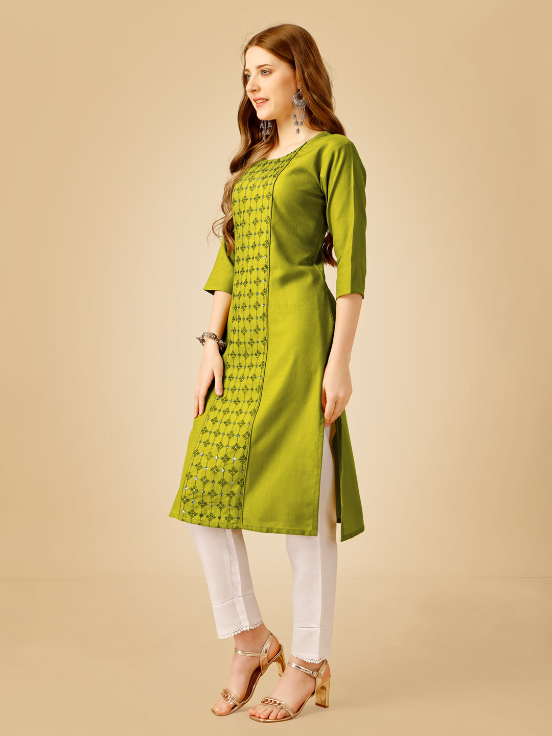 Parrot Cotton Magic Slub Kurta Set  With Embroidery & Sequence Work