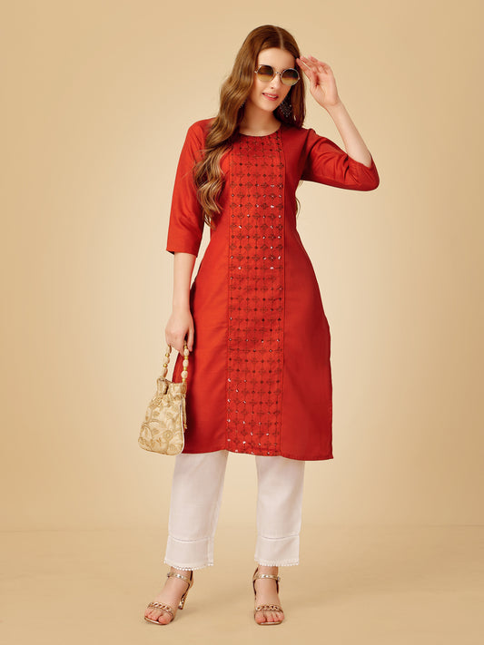 Rust Cotton Magic Slub Kurta Set  With Embroidery & Sequence Work