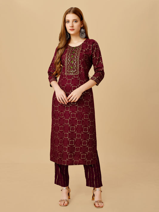 Wine Heavy Rayon Kurta Set  With Embroidery Work