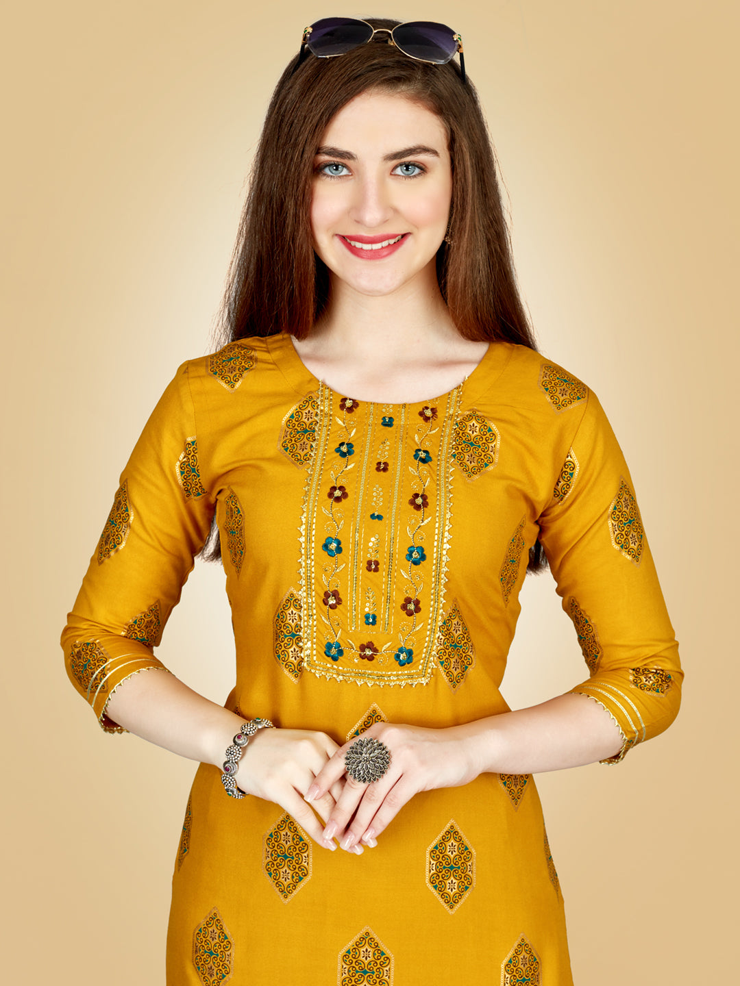 Yellow Heavy Rayon Kurta Set  With Embroidery Work