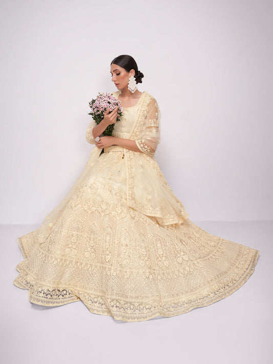 Cream Thread Embroidery Lehenga