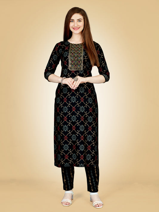 Black Heavy Rayon Kurta Set  With Embroidery Work