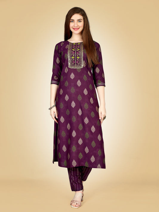 Purple Heavy Rayon Kurta Set  With Embroidery Work