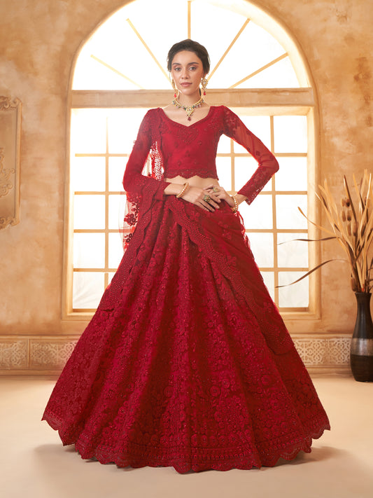 Deep Red Tonal Thread Embroidery Lehanga