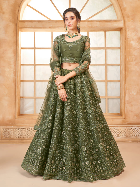 Olive Tonal Thread Embroidery Lehenga