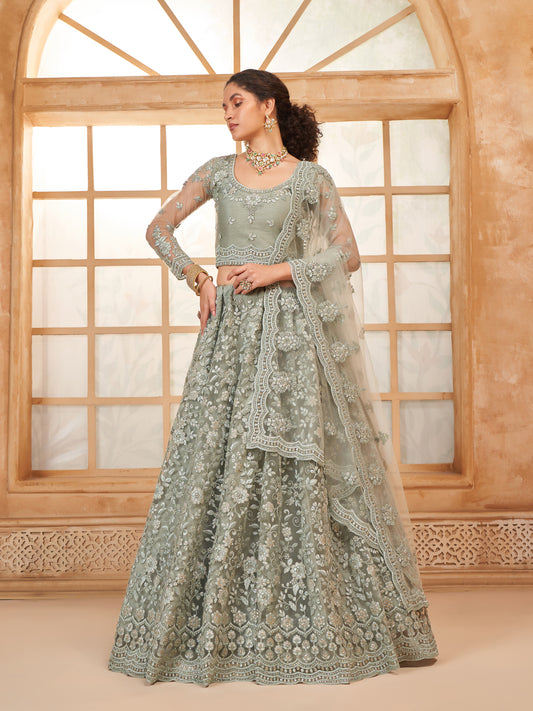 Sage Green Tonal Thread Embroidery Lehenga