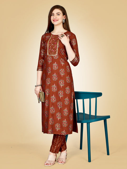 Rust Heavy Rayon Kurta Set  With Embroidery Work