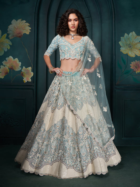 Light Blue Thread Embroidery Lehenga Set