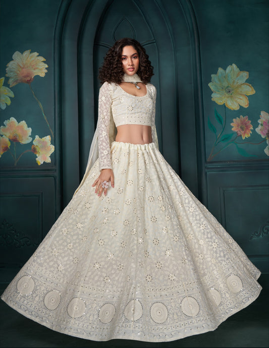 Cream Thread Embroidery Lehenga Set