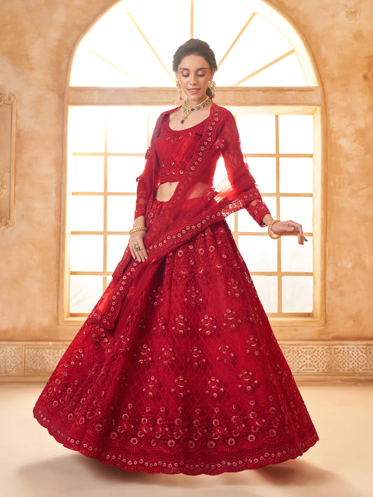 Red Tonal Thread Dori embroidery Lehenga