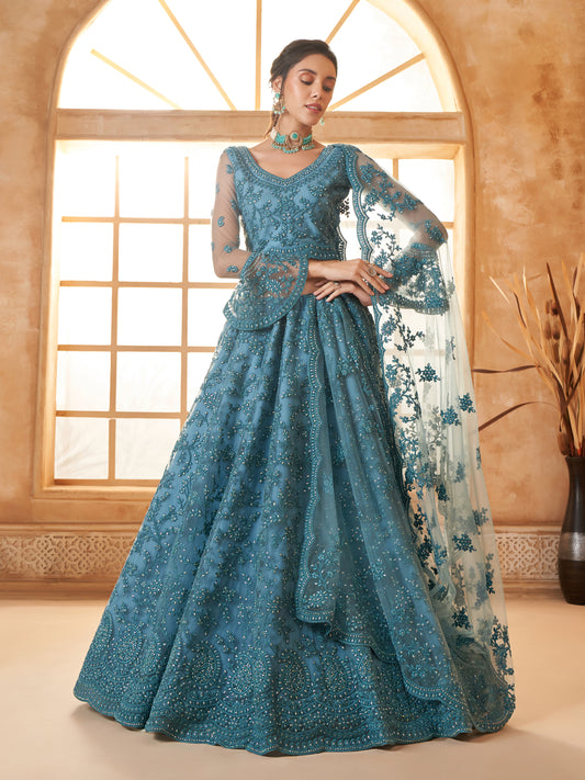 Terquoise Blue Tonal Thread Dori work Paisely Embroidery Lehenga