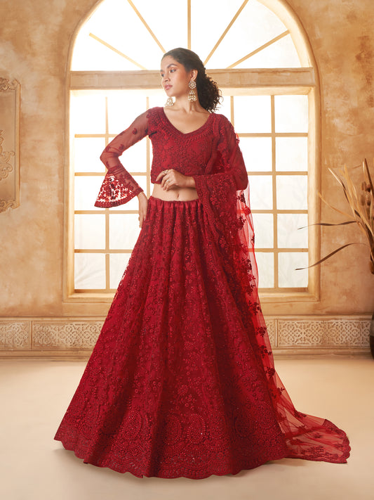 Red Tonal Thread Dori work Paisely Embroidery Lehenga