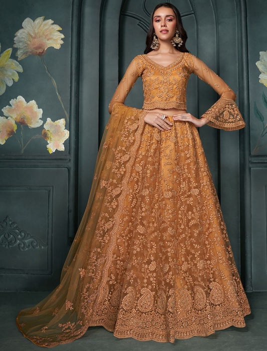 Orange Thread Paisely Embroidery Lehenga Set