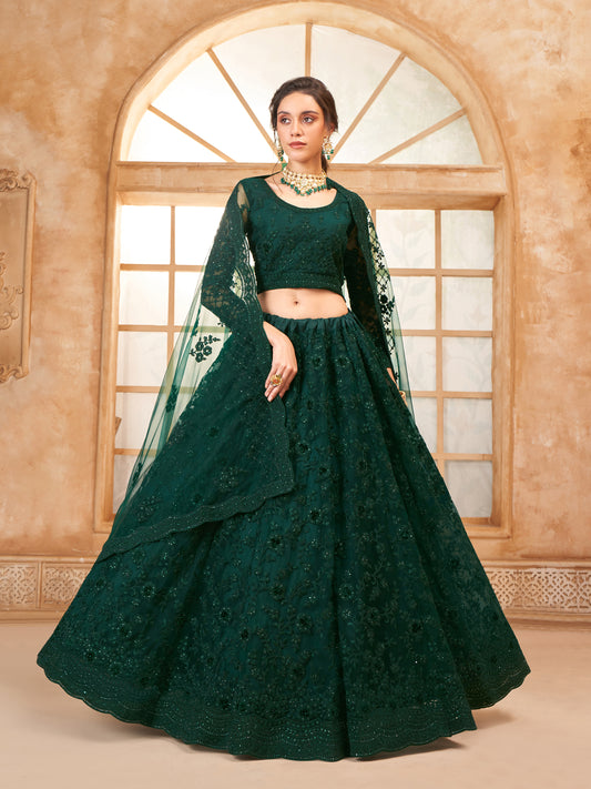 Deep Green Tonal Thread Dori Work Embroidered Lehenga