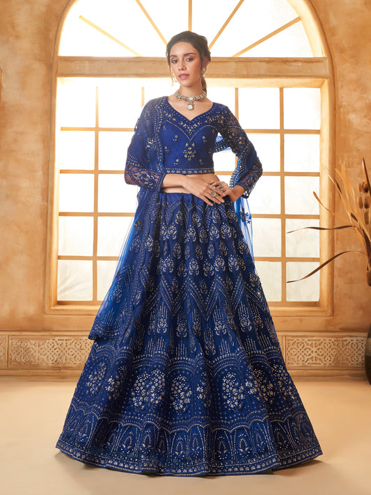 Blue Tonal Thread Zari Embroidery Lehenga