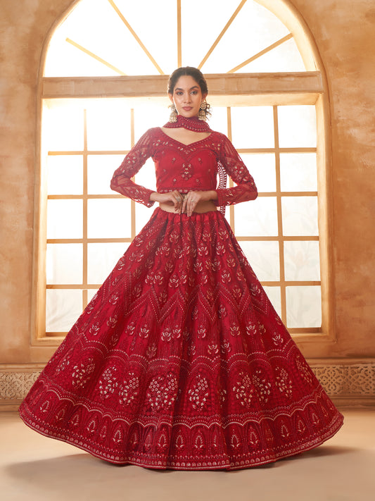 Red Tonal Thread Zari Embroidery Lehenga