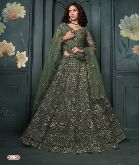 Olive Tonal Thread Paisely Embroidery Lehenga Set