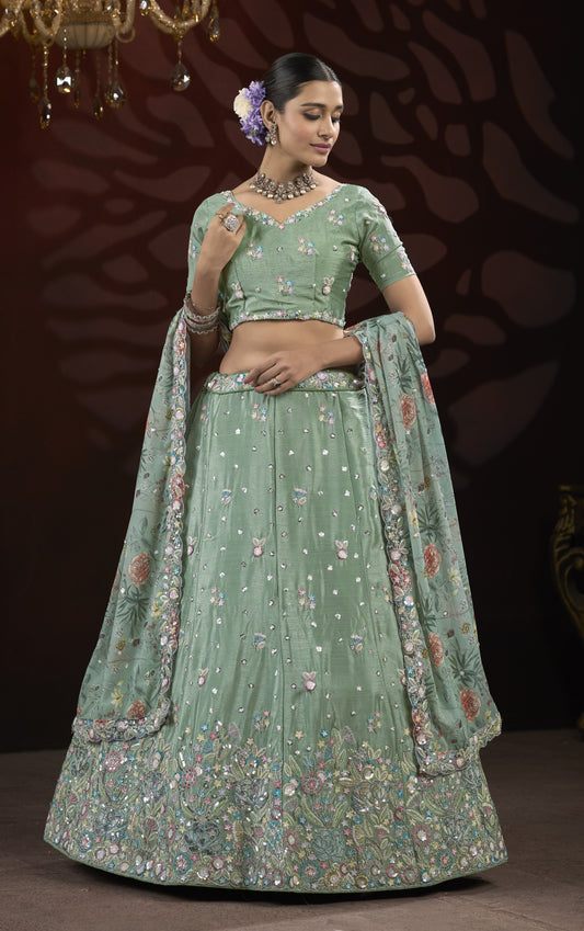 Sage green Sequin & Thread Embroidery work Lehenga with Printed Dupatta