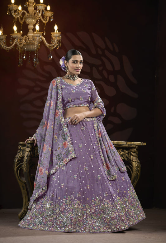 Lavender Sequin & Thread Embroidery work Lehenga with Printed Dupatta