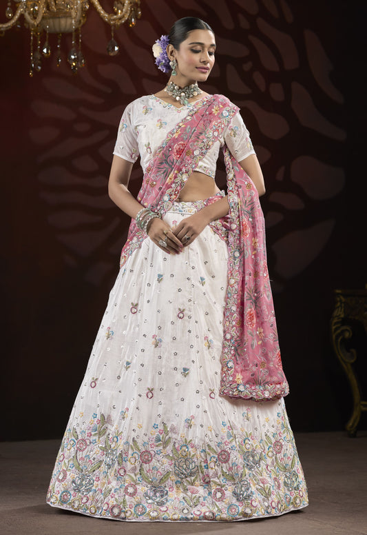 Cream Sequin & Thread Embroidery work Lehenga with Printed Dupatta