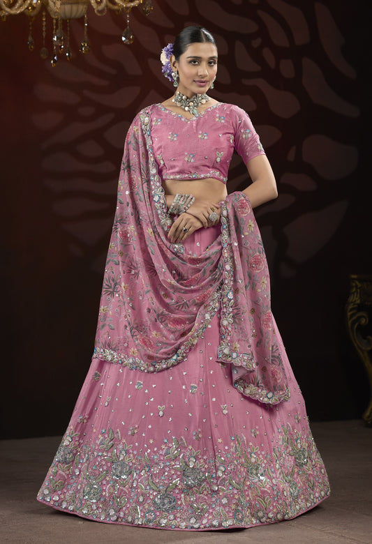 Pink Sequin & Thread Embroidery work Lehenga with Printed Dupatta