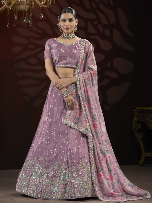 Dusty Pink Sequin & Thread Embroidery work Lehenga with Printed Dupatta