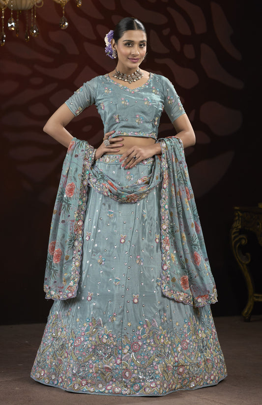 Light Blue Sequin & Thread Embroidery work Lehenga with Printed Dupatta