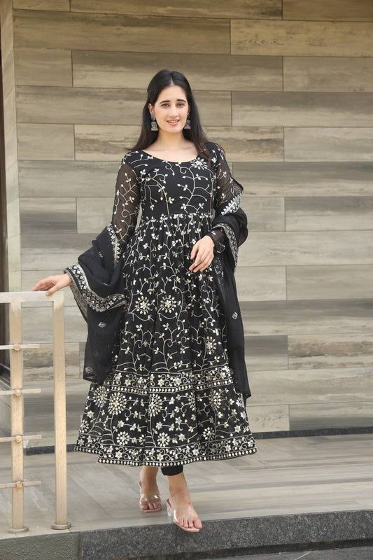 Black Embroidered Anarkali Kurta Set