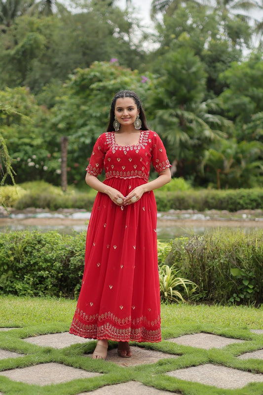 Red  Georgette Kurta Set  With Embroidery Zari Sequins-Work