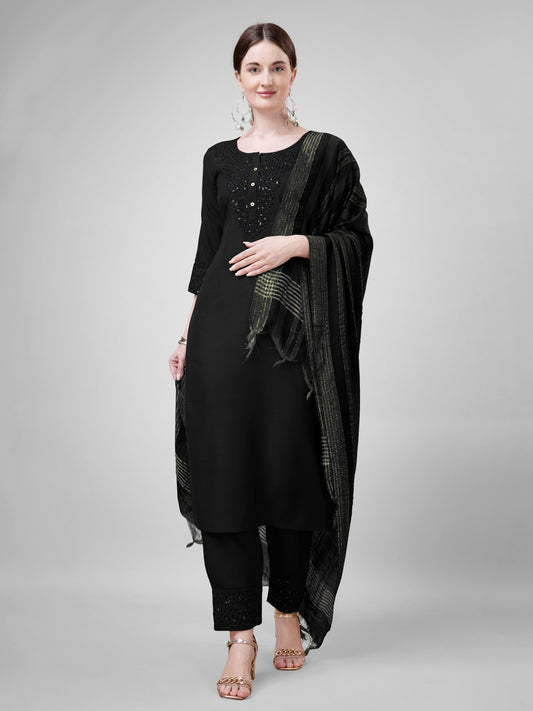 Black Cotton Blend Kurta Set  With Embroidery & Sequen Work