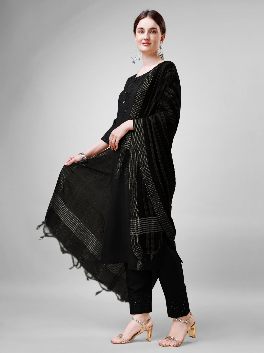 Black Cotton Blend Kurta Set  With Embroidery & Sequen Work
