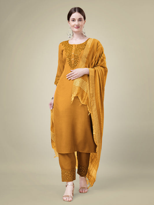 Yellow Cotton Blend Kurta Set  With Sequence Embroidery Work